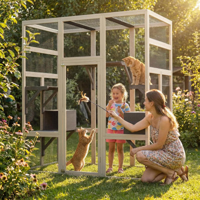 70-Inch Outdoor Catio Cat Enclosure, Wood Cat Patio with Platforms and Resting Boxes, Gray