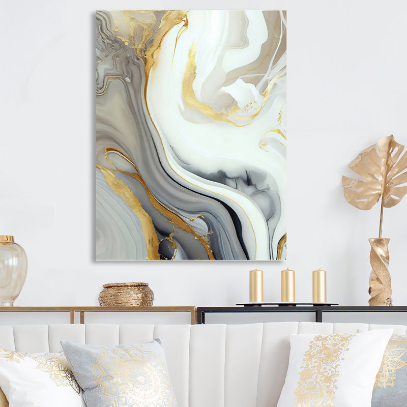 Décoration murale Lotten en marbre blanc et doré abstrait III - métal, H 40 po x l 30 po x P 1 po