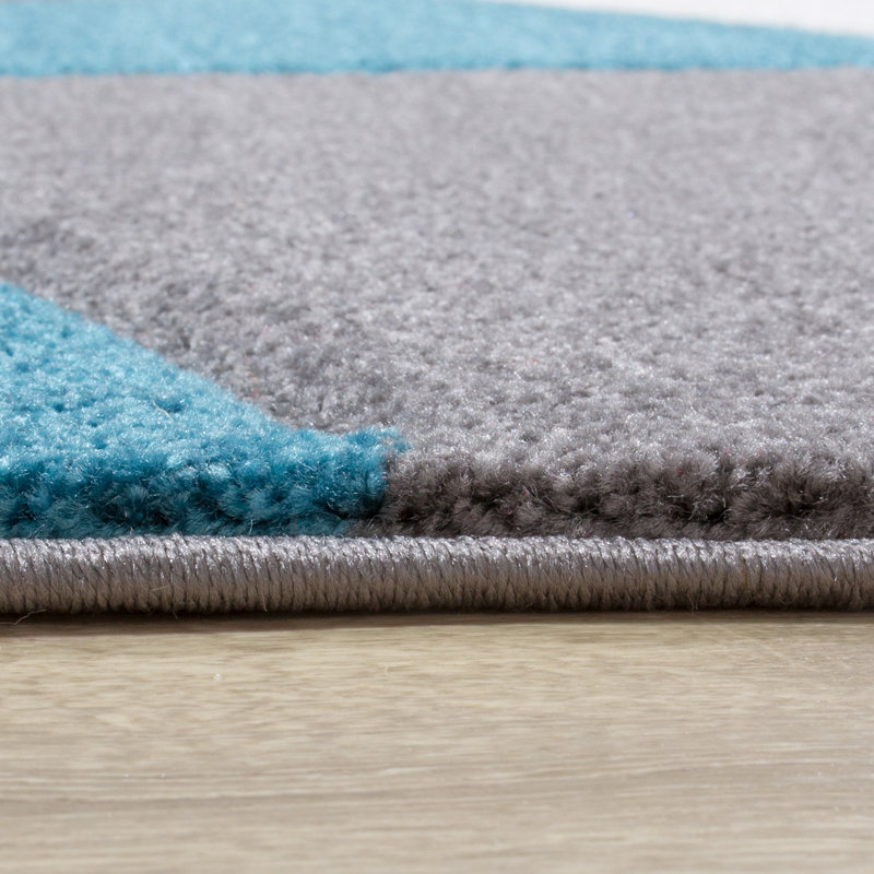 Tapis abstrait en polypropylène tissé à la machine en turquoise / gris / blanc, Rectangle 5 pi 3 po x 7 pi 7 po