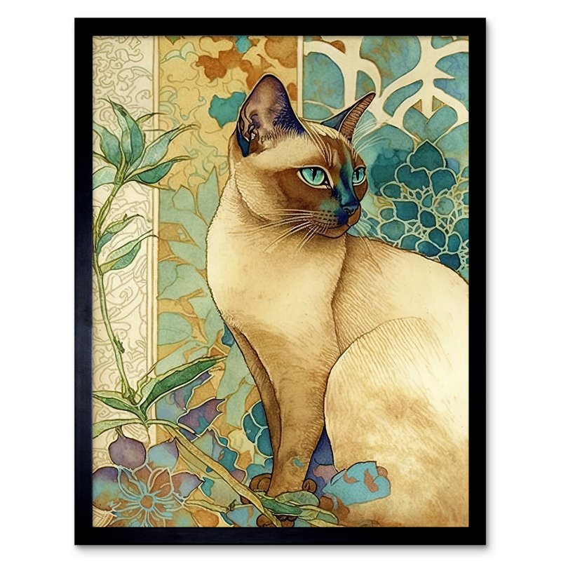 Tonkinese Cat With Nouveau Botanical Patterns Colourful Watercolour - Single Picture Frame Print