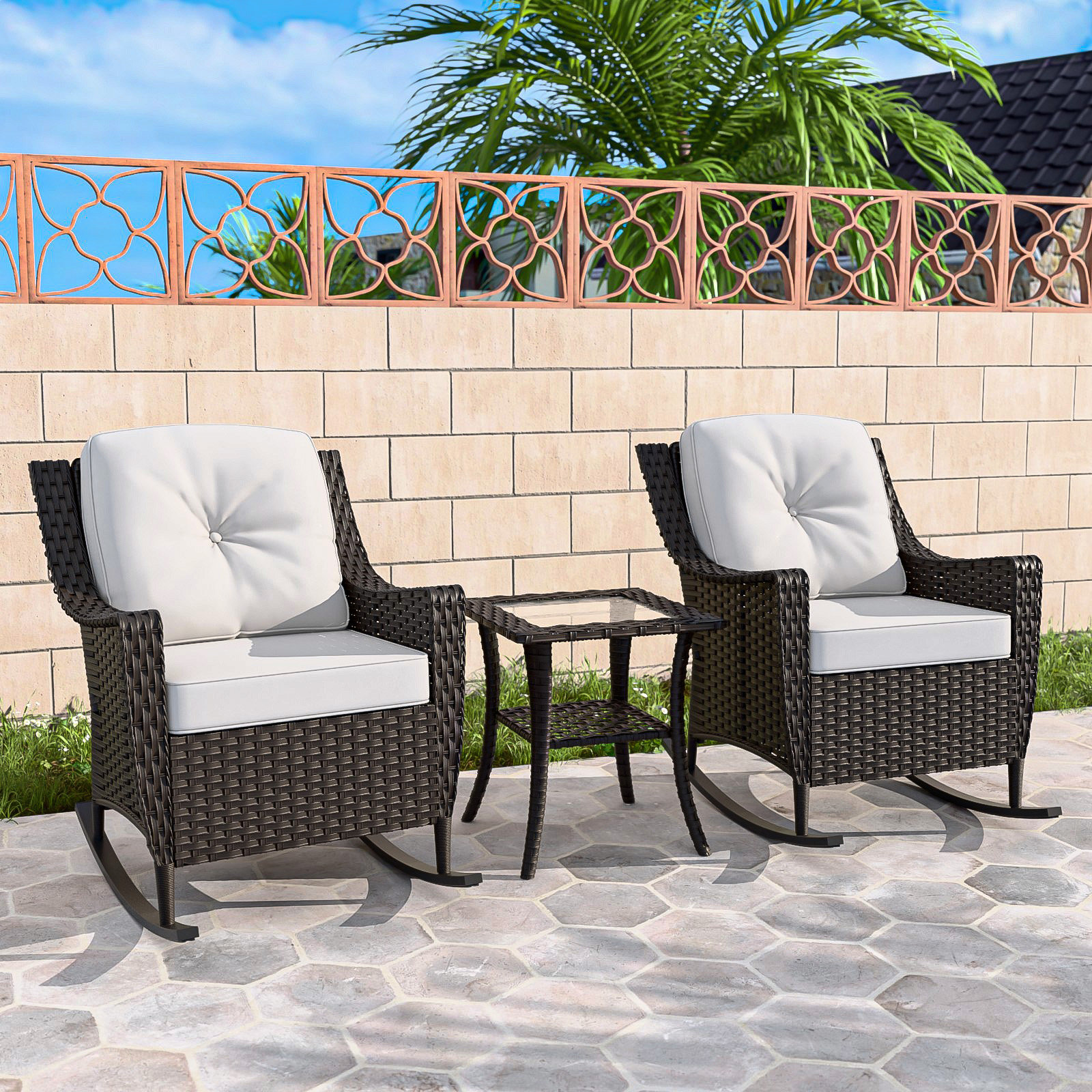 EAGLE PEAK Outdoor Rocking Rattan Wicker Chair with Cushions | Wayfair