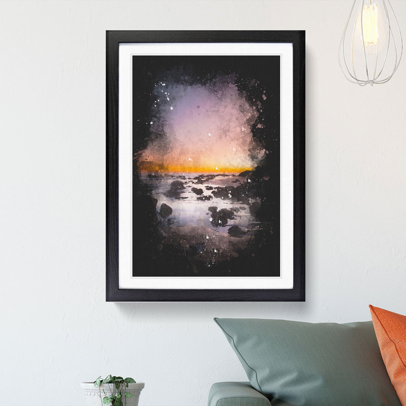 Moon Above The Beach Paint Splash - Picture Frame Graphic Art, Black Framed, 87cm H x 62cm W x 2cm D