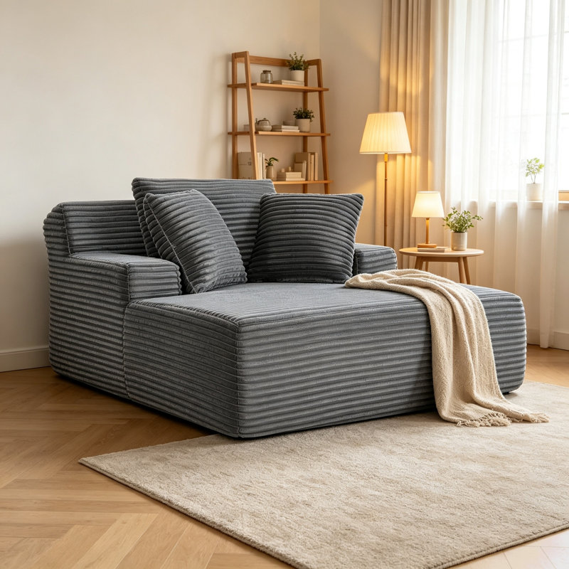 Chaise longue intérieure en velours côtelé de 168 cm, canapé-lit surdimensionné sans dossier avec oreiller, fauteuil de lecture avec accoudoirs, canapé nuage, aucun assemblage requis pour le salon
