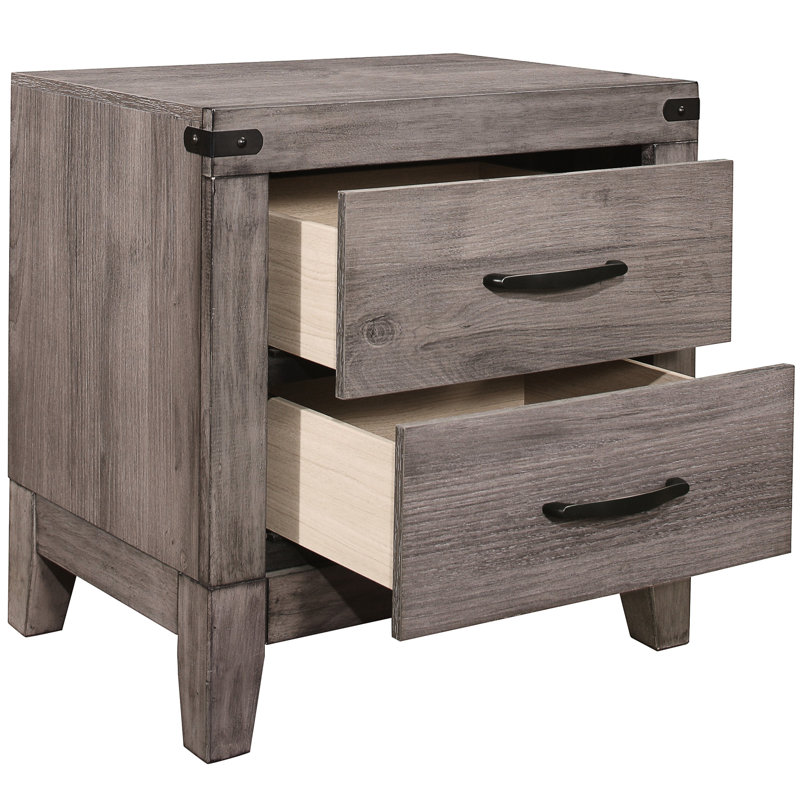 Table de chevet de chambre à coucher - Gris brunâtre, 2 tiroirs, quincaillerie en stratifié et quincaillerie en métal foncé brun