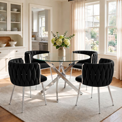 35" Round Glass Dining Table Set For 4, Modern Minimalist Tempered Glass Kitchen Table With 4 Velvet Chairs, For Dining Room, Kitchen
