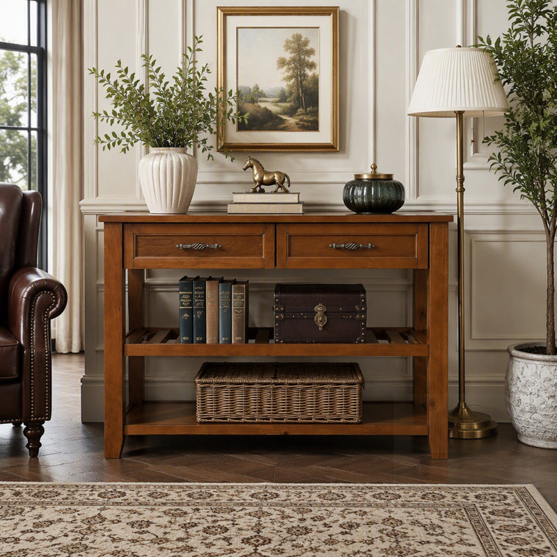 Console Mid-Century en bois massif avec 2 tiroirs et 2 tablettes, idéale pour le rangement du salon et du vestibule