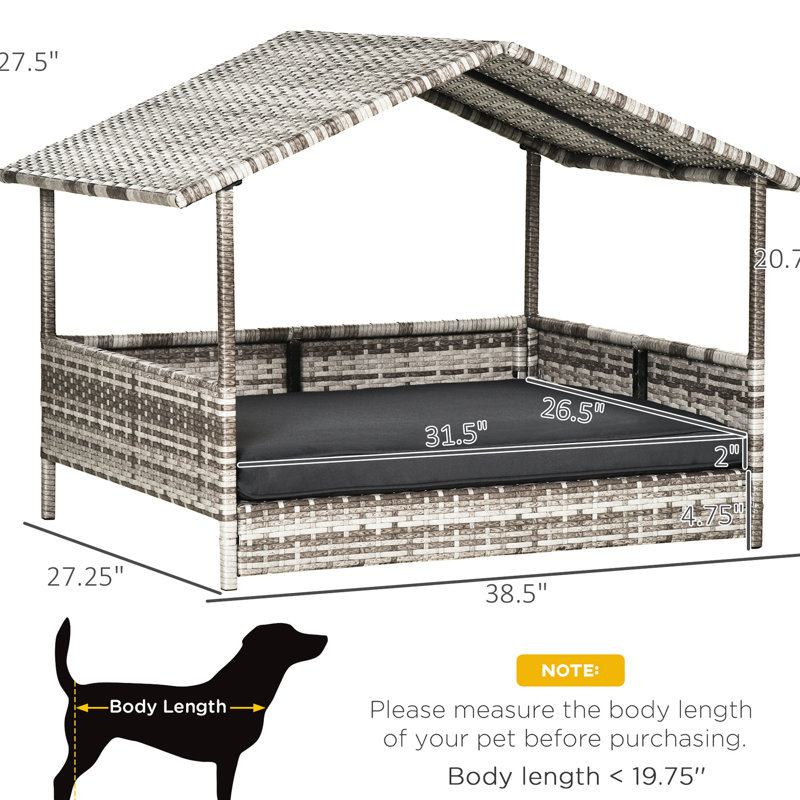 Niche pour chien avec auvent, offre ombre et abri, pour petits et moyens chiens, crème de lit d'extérieur grise, coussin d'eau moyen, matériau PE, surélevé