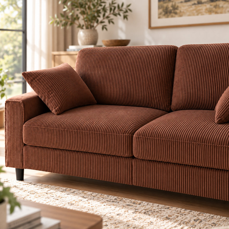 Sofa deux places Unaluna en velours côtelé avec structure en fer et bois, accoudoirs carrés, Orange