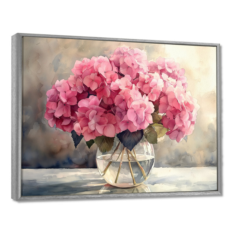 Inestroza hortensias dans un vase en verre II - hydrangées, art mural, Argent argent, H 12 po x l 20 po