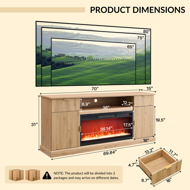 Flute Fireplace TV Stand Suitable for TVs Under 80", Modern Entertainment Center Equipped with 36" Electric Fireplace, and Equipped with Overheat Safety Protection Device