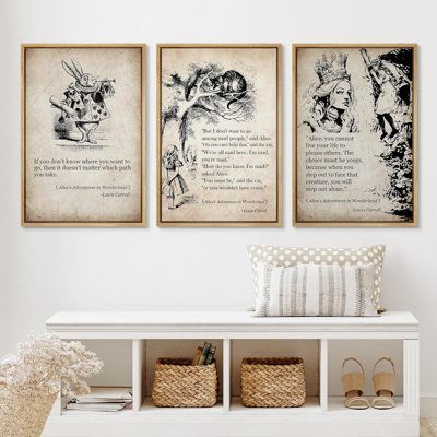 Alice in Wonderland Fairy Tale Storybook by Lewis Carroll Framed Canvas 3 Piece Print Wall Art