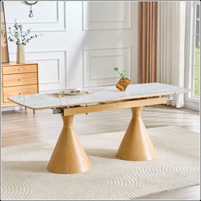 Table de salle à manger extensible avec plateau en pierre et pieds en bois