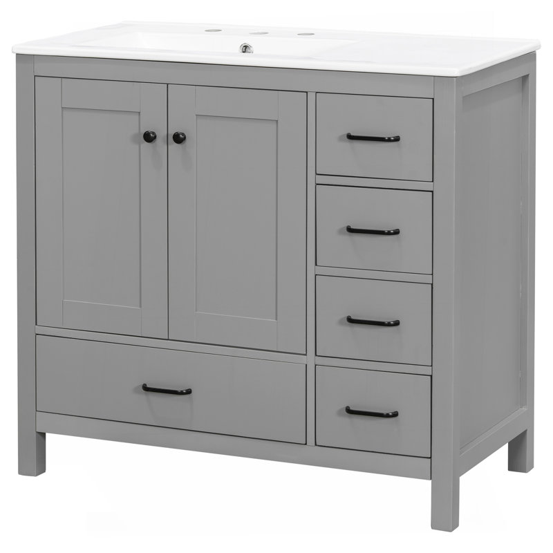 Meuble-lavabo gris 36 po avec lavabo en céramique, armoire de rangement abondante, 2 portes à fermeture douce et 5 tiroirs