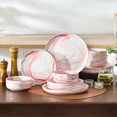 12 Pieces Dinnerware Set, Blue Set, Marble Grain, Round Plate And Bowl, Porcelain Dinnerware, Dinner Plates, Dessert Plates And Bowls For 4 Person