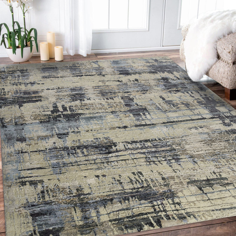 Hand-Knotted Abstract Wool Silk 10' x 14' Area Rug
