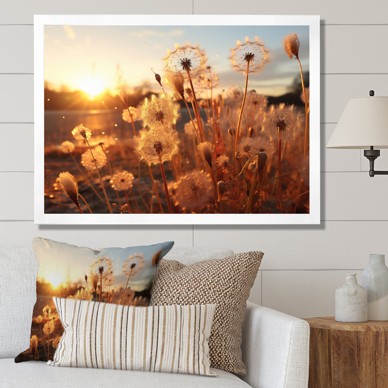 " Sunset Dandelion Field II ", 12" H x 20" W x 1" D, White Picture Framed