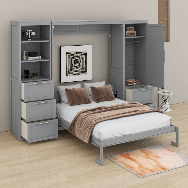Grand lit escamotable avec tiroirs et tablettes, Gris