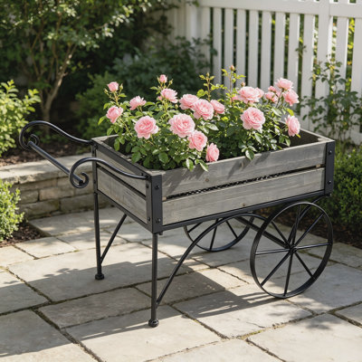 Rustic Black Metal Plant Stand Trolley Cart, Rolling Planter with Wheels for Indoor & Outdoor Use