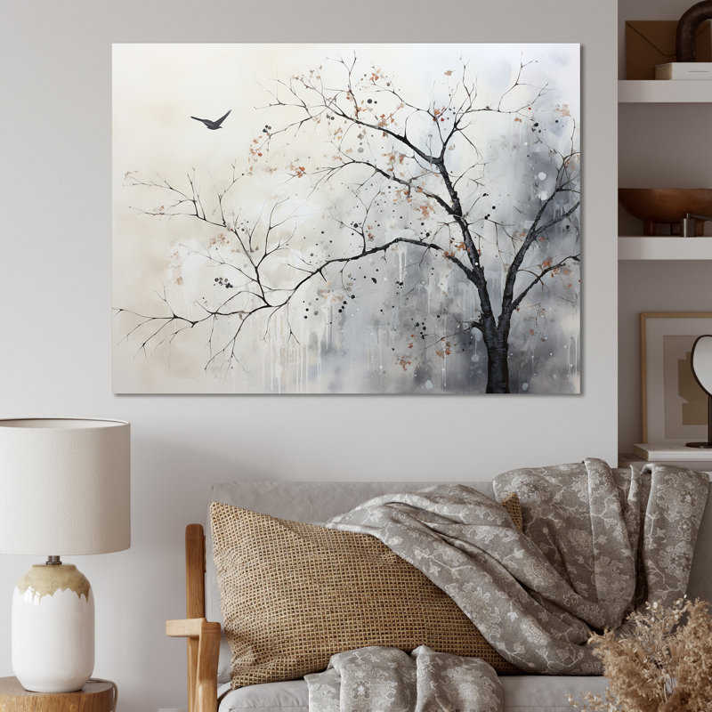 Minimalisme, oiseaux monochromes sur branche I - art mural arbres, H 24 po x l 32 po x P 1 po, Toile tendue