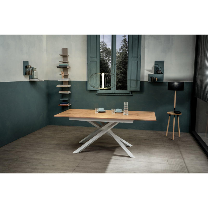 Daequon Extendable Oak Metal Base Dining Table, Oak Wood, White