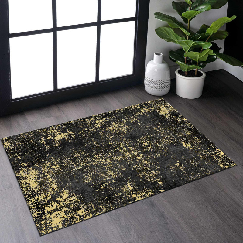 Tapis noir et doré lavable, Tapis de couloir 2 pi x 9 pi