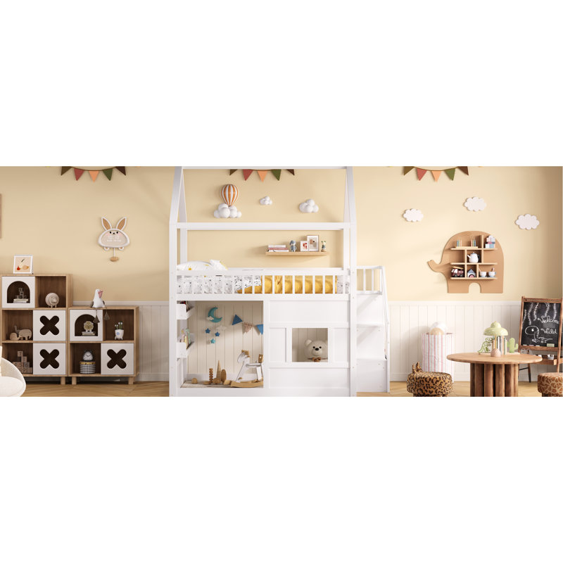 Lit pour maison double en bois pleine grandeur en blanc, éclairage de tablette à DEL, structure en forme, coffre-fort pour un accès facile Blanc de bois, tablette, cadre, garde-corps, solution de chambre fonctionnelle et peu encombrante