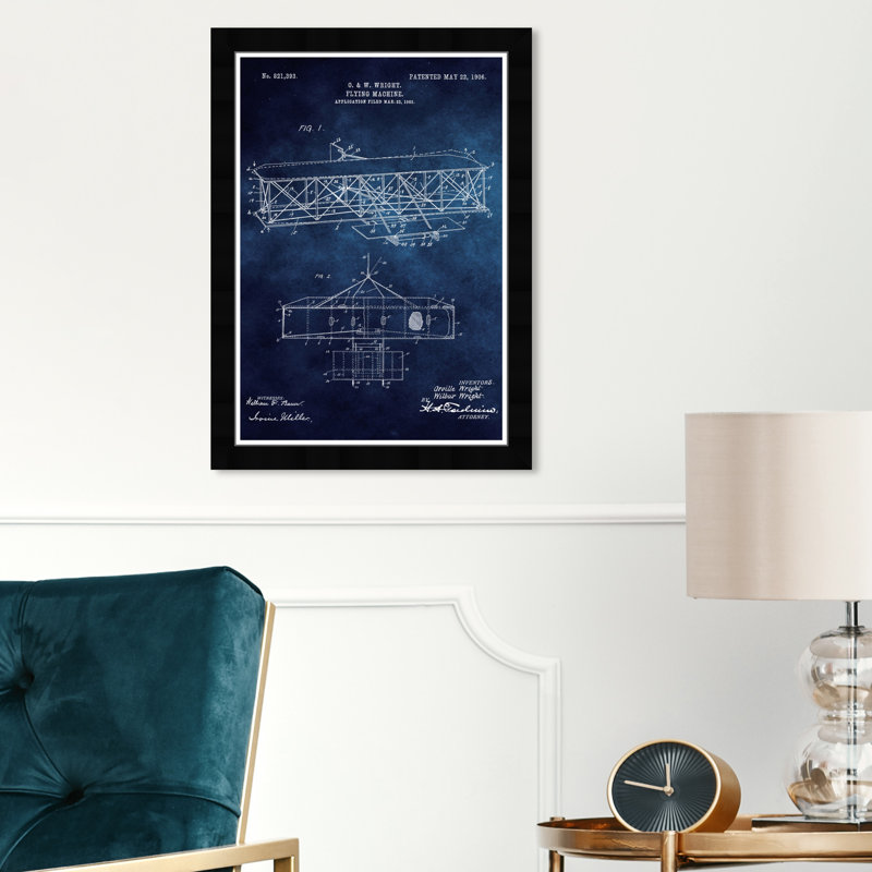 «Wright Flying Machine 1906 Blue Chalkboard», reproduction d'art graphique sur papier encadré
