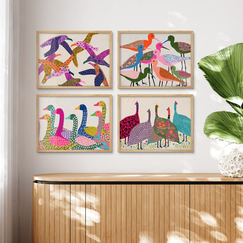 Ensemble de 4 pièces d'art mural d'oiseaux colorés - Impressions encadrées de style art populaire mettant en vedette des oiseaux à motifs pour la chambre d'enfant ou la salle de jeux