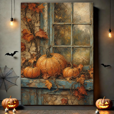 Rustic Peeling Blue Window, Large Orange Pumpkins Twined With Autumn Maple Vines, Vintage Fall Harvest Oil Painting Canvas Wall Art
