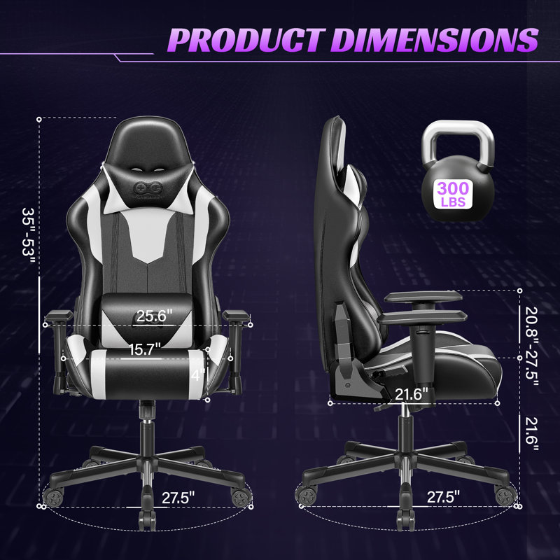 White and Black PU Leather Ergonomic Gaming Chair with Lumbar Support