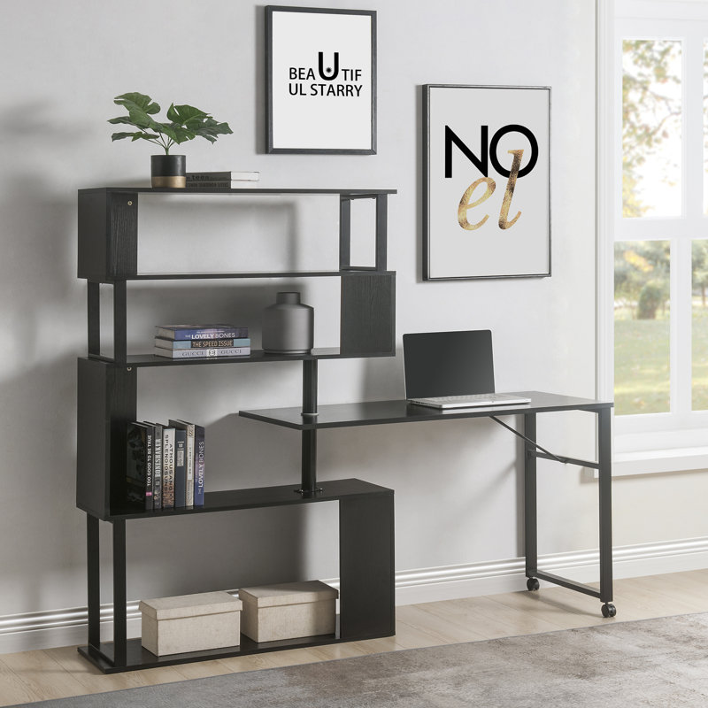 Home Office Computer Desk L-Shaped Corner Table, Rotating Computer Table With 5-Tier Bookshelf, Four Installation Methods, Lockable Casters (Black)