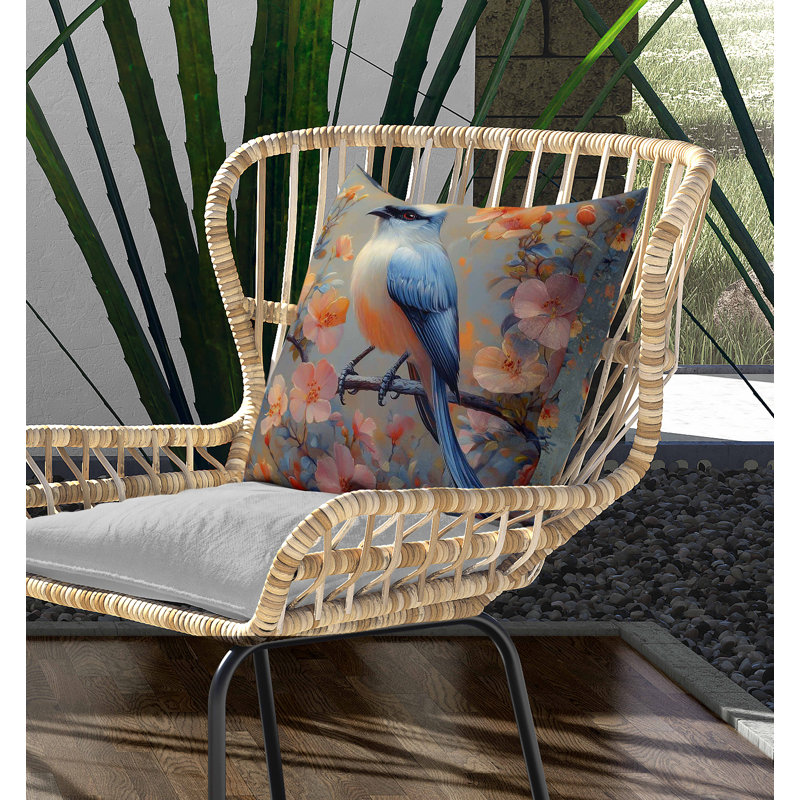Coussin Floral, Bleu / Orange, Carré 16 po