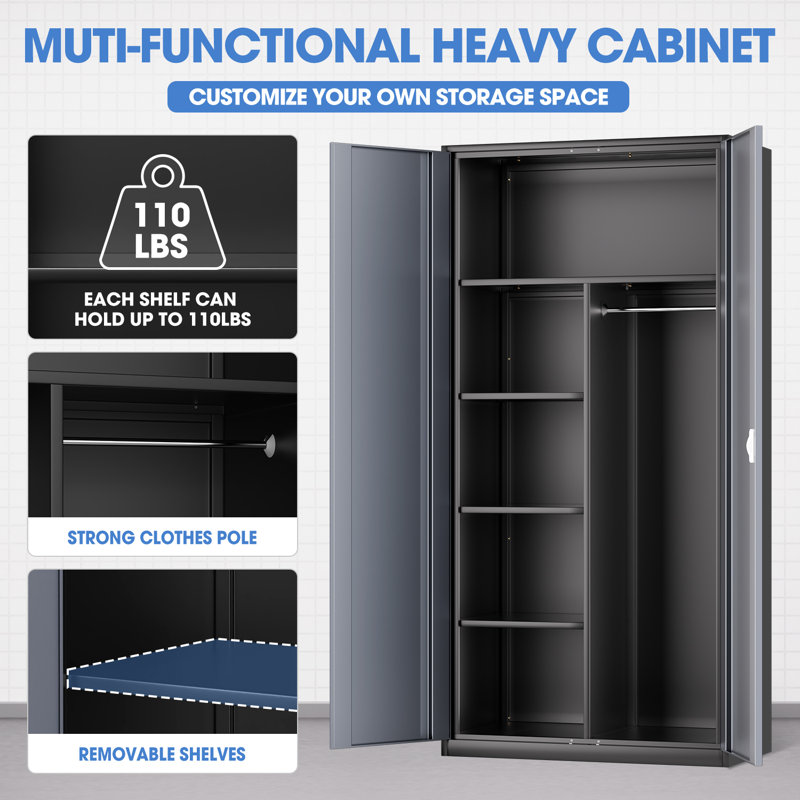 72" Lockable Heavy Duty Metal Storage Cabinet W/ Hanging Rod&Shelves, Gray/Black