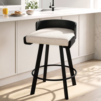 26" Swivel Counter Stool with Solid Ash Wood Back, Teddy Upholstered Seat, 350 lb Capacity and Metal Footrest
