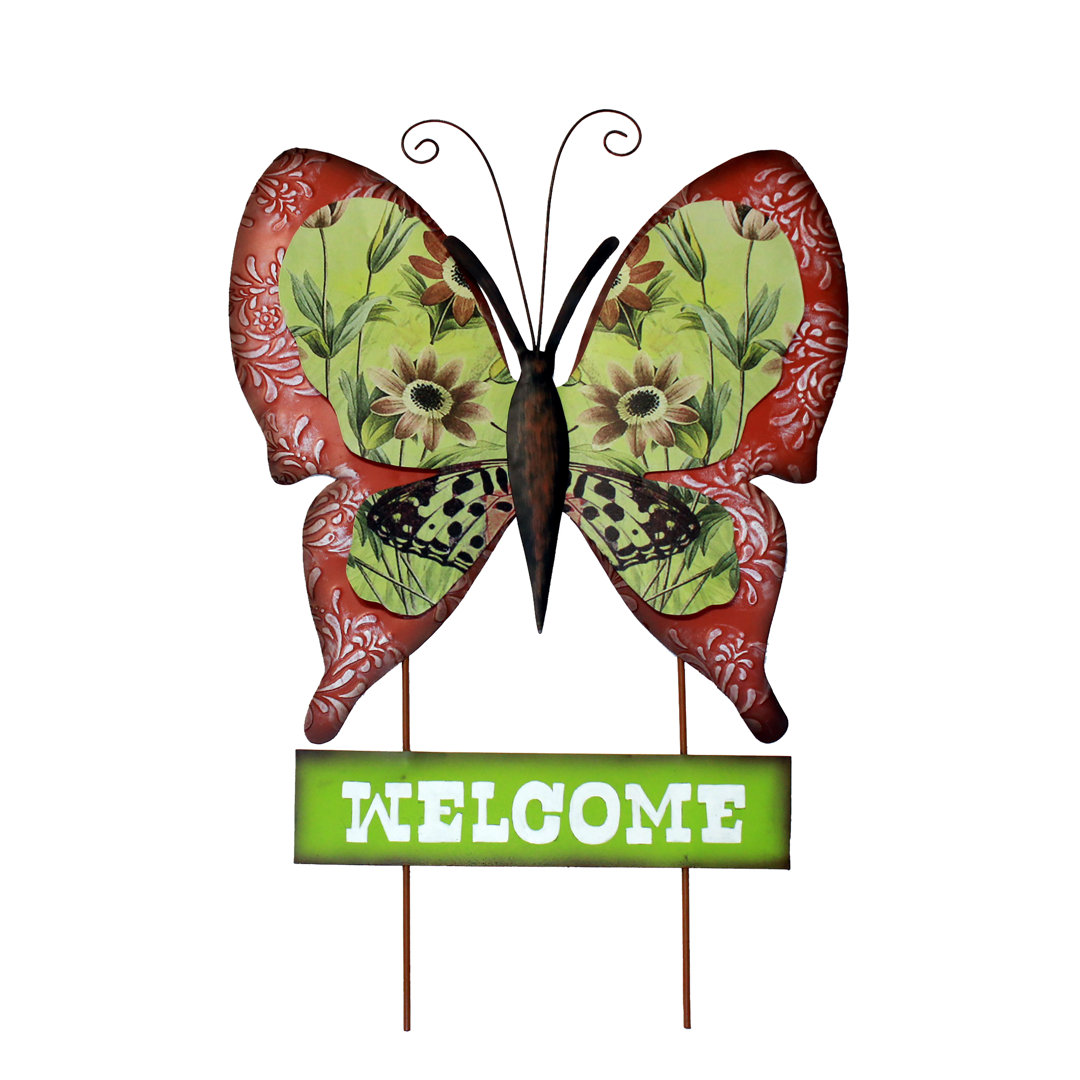Metal Butterfly Garden Stake with Green Welcome Sign Trinx