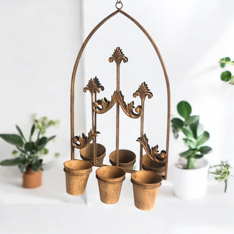 Metal Wall Mirror with 3 Planter Holders Antique Finish Indoor Outdoor Hanging Garden Decor Accent