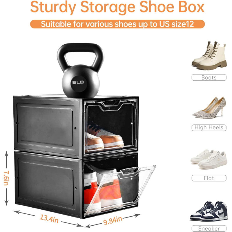 Paquet de 12 boîtes de rangement magnétiques pour chaussures, organisateur de chaussures empilable pour espadrilles, talons hauts, sandales, convient à la taille américaine 12, boîtes à chaussures en plastique durable