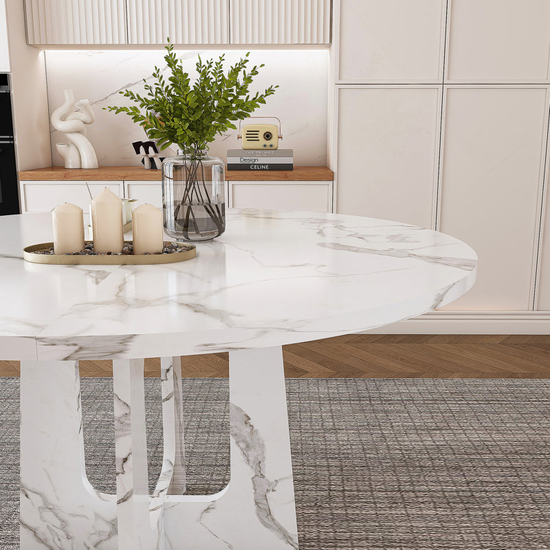 47.24" Round Dining Table for 4 - Farmhouse MDF Table with Marble White Finish, 300lb Capacity, Easy Assembly for Kitchen/Dining Room - Modern Spiced Table