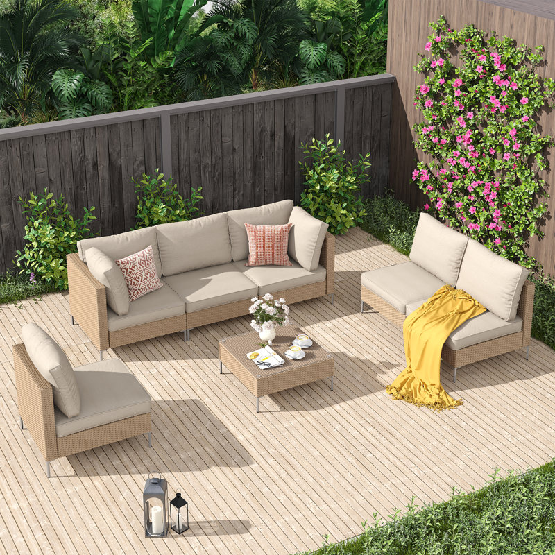 5-Person Wicker Patio Coversation Set with Cushions, Armless Sofa Chairs, Sofa Table, Yellow