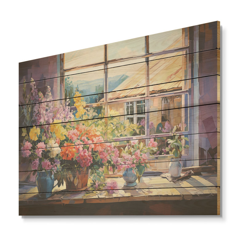 Purple Floral Ranch Window View - Farmhouse Windows  On Wood Print, 10" H x 20" W x 0.78" D