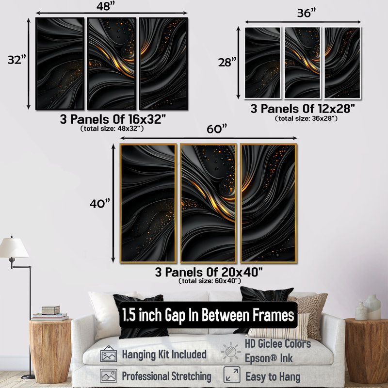 Quantum noir et feuilles dorées I - ensemble de reproduction d'art abstrait fractal mural, H 40 po x l 60 po, Argent argent