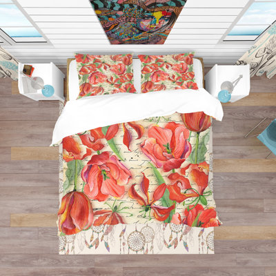 Motif de fleur rouge sans couture - ensemble de housse de couette floral - polyester microfibre