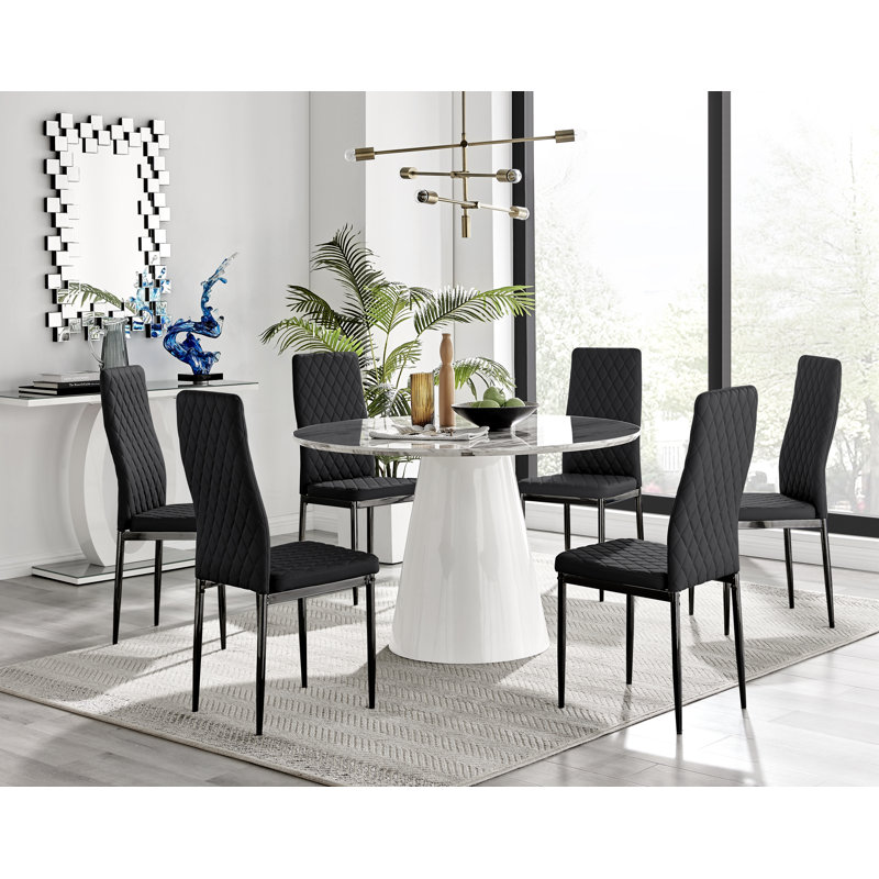 Edward Statement Marble Effect Pedestal Dining Table Set with 6 Faux Leather Upholstered Dining Chairs, Black/Black