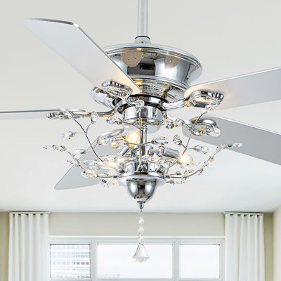 Ventilateurs de plafond 52 po en cristal moderne avec lumières et télécommande, ventilateur de plafond réversible à 5 pales à moteur à courant continu, ventilateur de lustre en chrome pour chambre à coucher