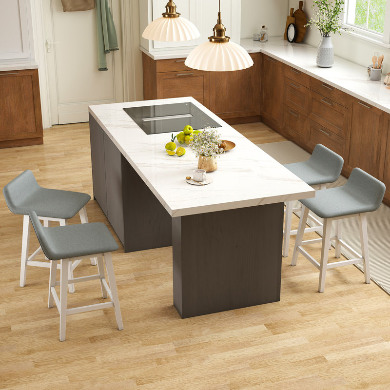 Upholstered Barstools w/ Low Back Footrest & Wood Legs for Kitchen Island, 4, Gray Seat/White Frame