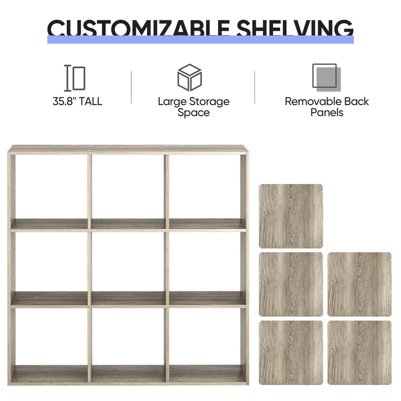 9-Cube 3-Tier Open Shelf Bookcase, Wooden Storage Organizer & Display Cabinet, Oak