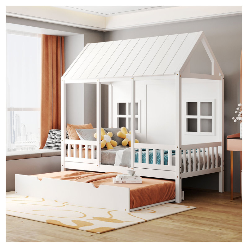 Lit simple en bois avec couchette - Lit de jour pour enfant en pin massif blanc avec toit et fenêtres, Lit simple
