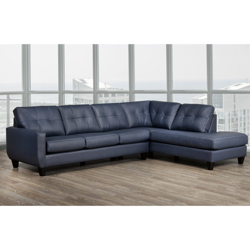Aarah Upholstered L-Shaped Sectional, Right Hand Facing, Blue Genuine Leather