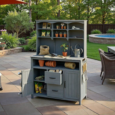 Large Fir Wood Potting Bench With Hutch, Multi-Functional Outdoor Patio Kitchen Island