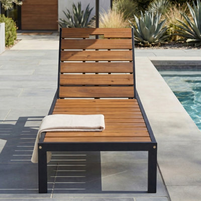 Chaise longue d'extérieur en acier et bois d'acacia, dossier réglable à 6 positions, conception pleine longueur de 78,7 po